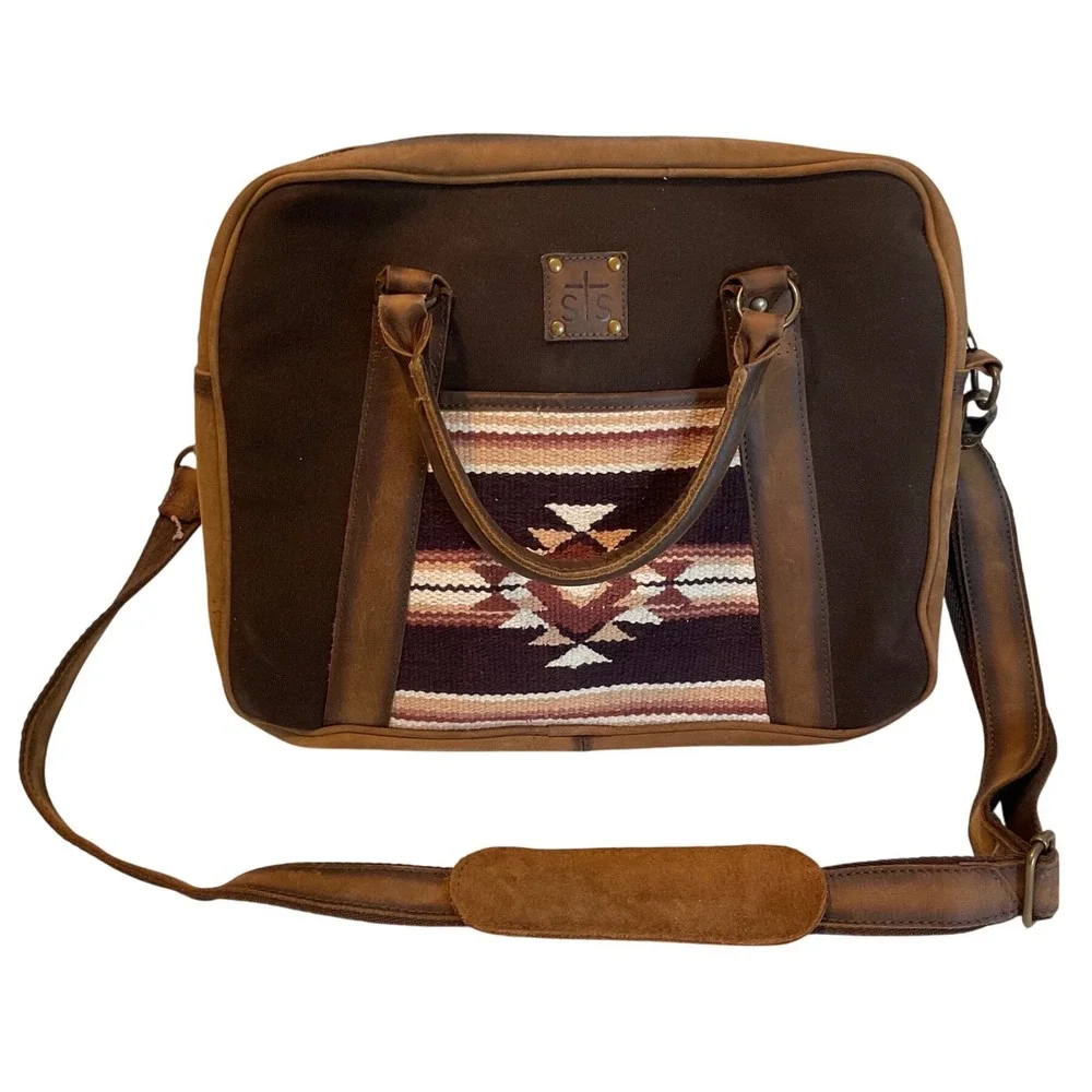STS Ranchwear Messenger Bag Brown Leather Canvas Serape Laptop Briefcase Case